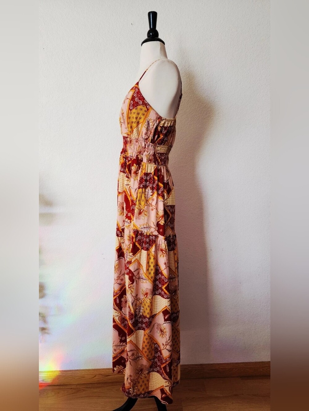 Boho Patchwork Maxi Dress in Burgundy & Mustard - Picture 2 of 4
